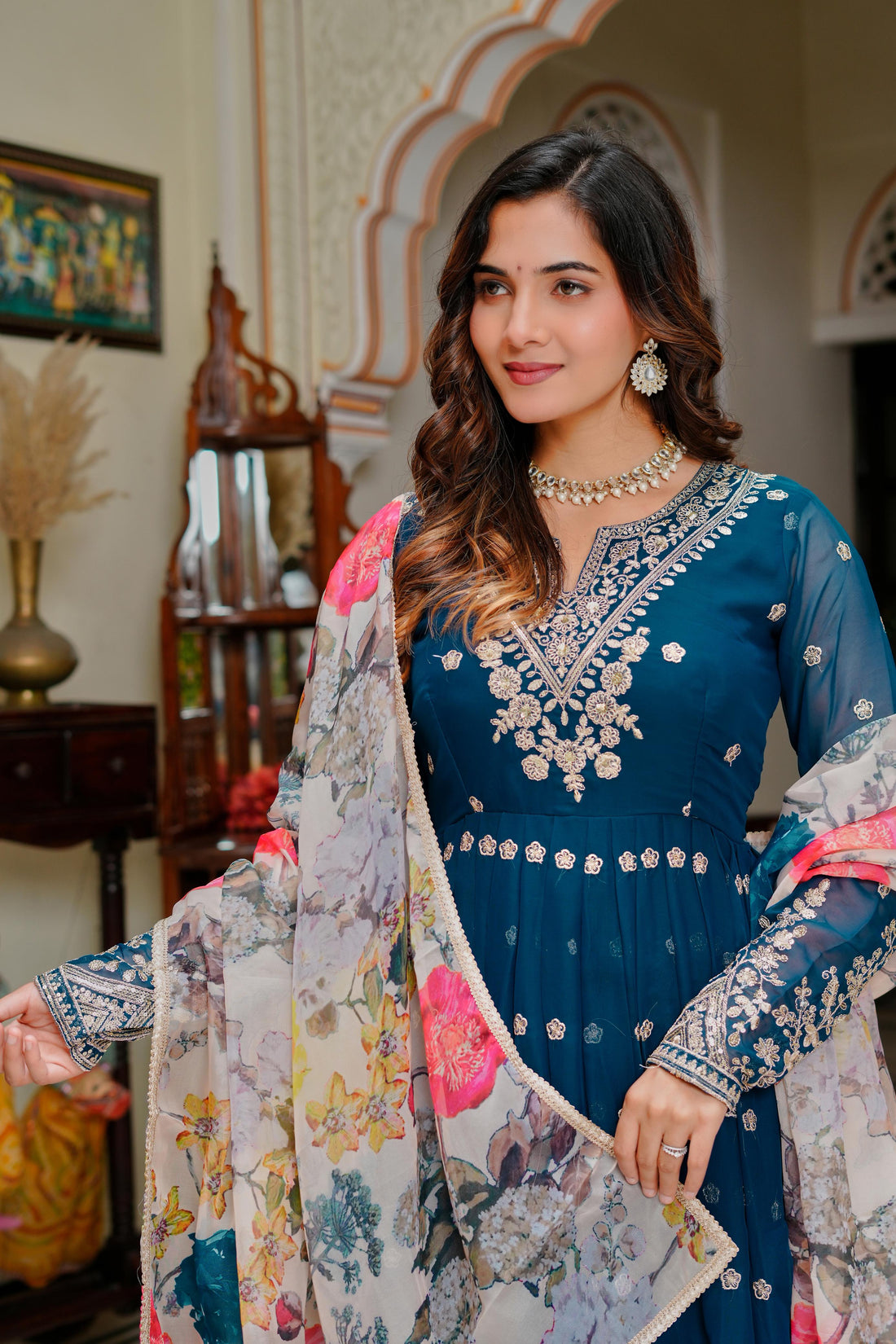 BLUE Georgette Designer Gown Set with Dupatta Women for Women