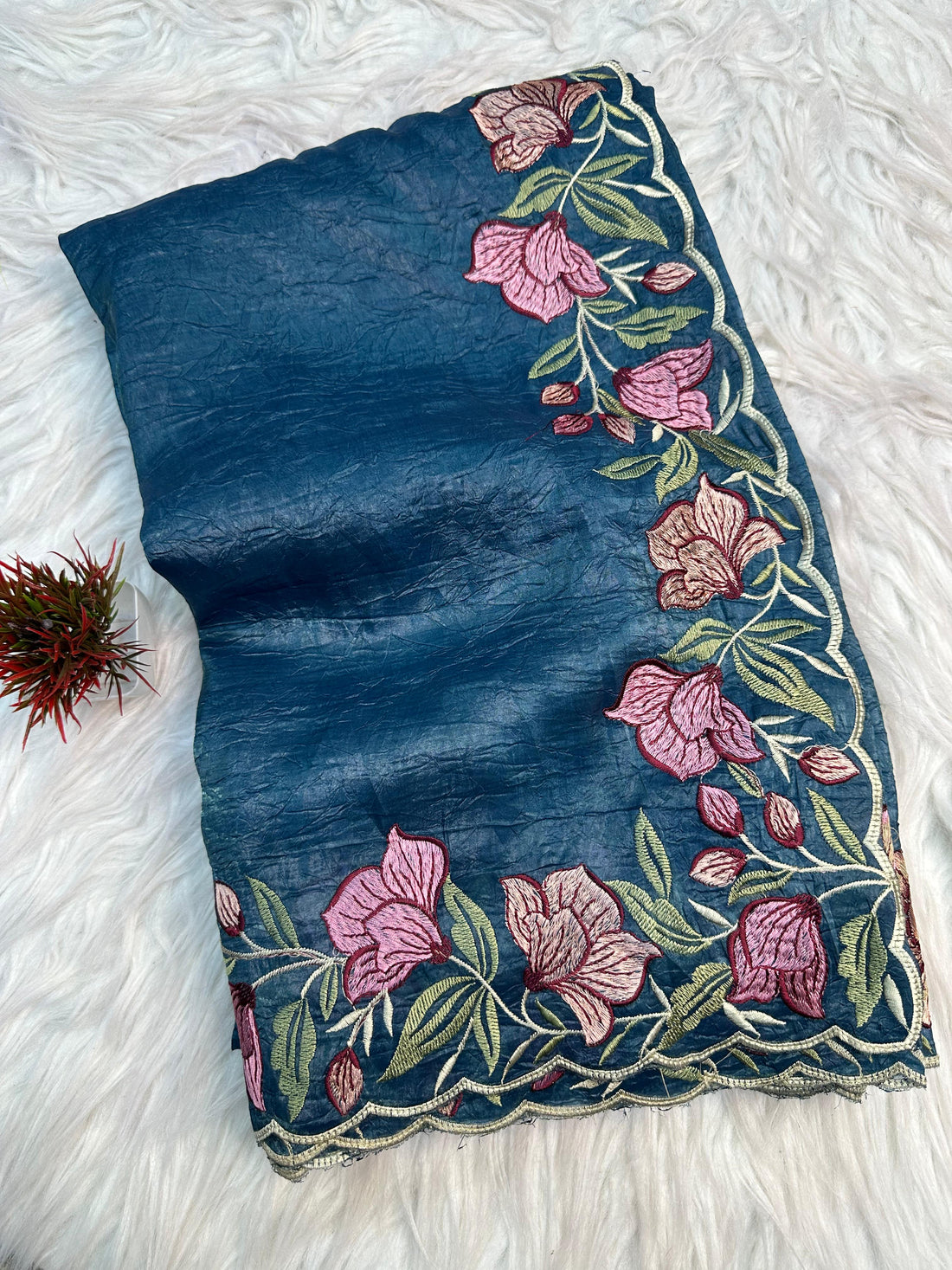 Teal Blue Gold Crush Saree with Floral Threadwork for Women