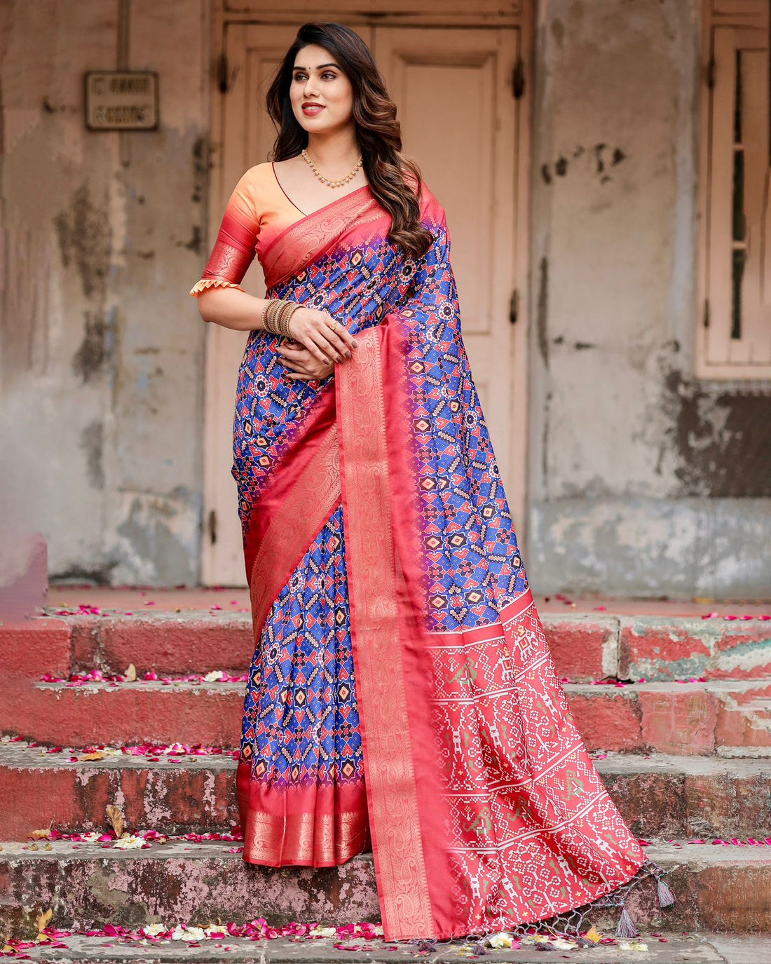 Blue Red Ikat Silk Saree with Zari for Women