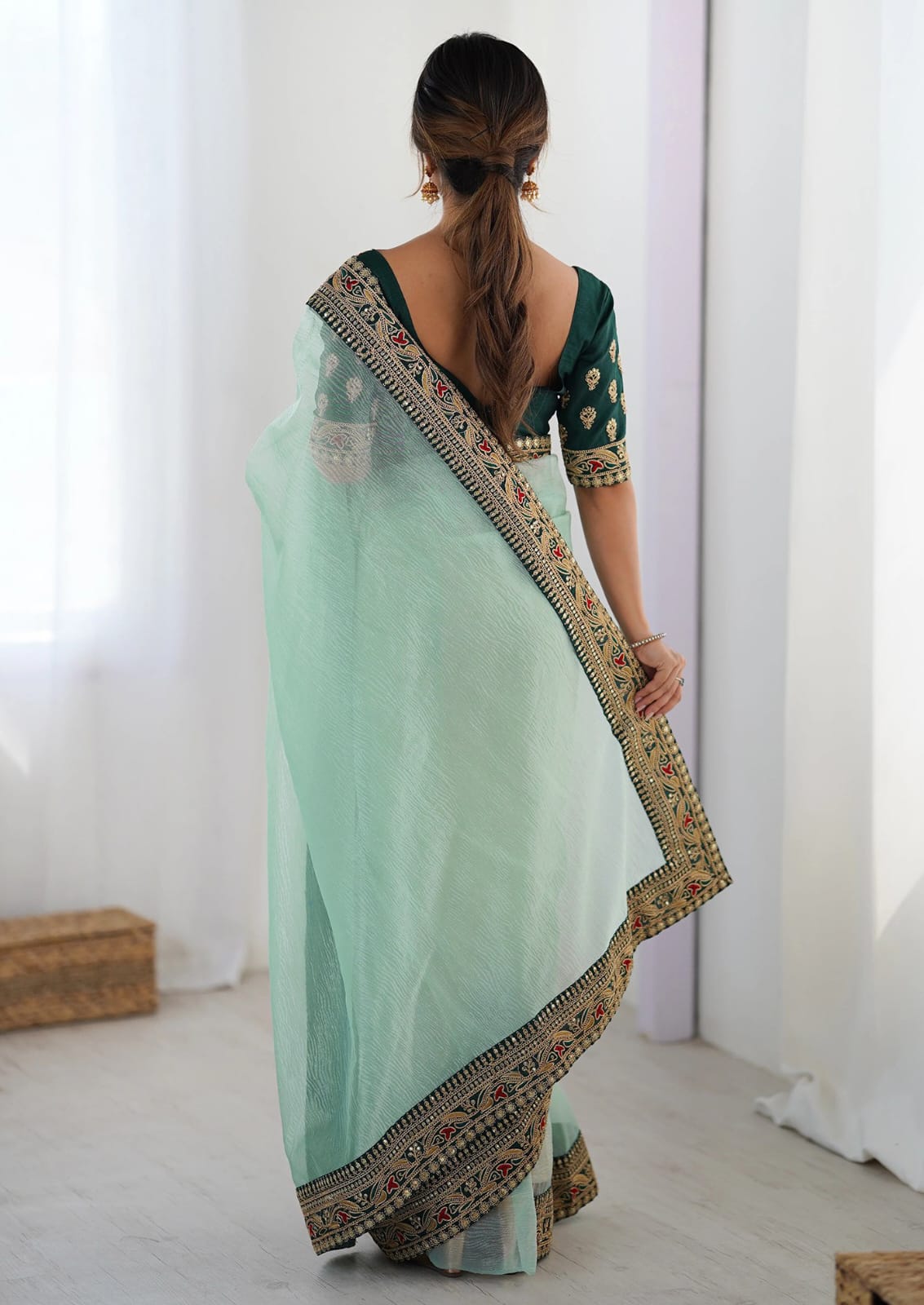 Sky Blue Party Wear Saree with Embroidered Blouse for Women