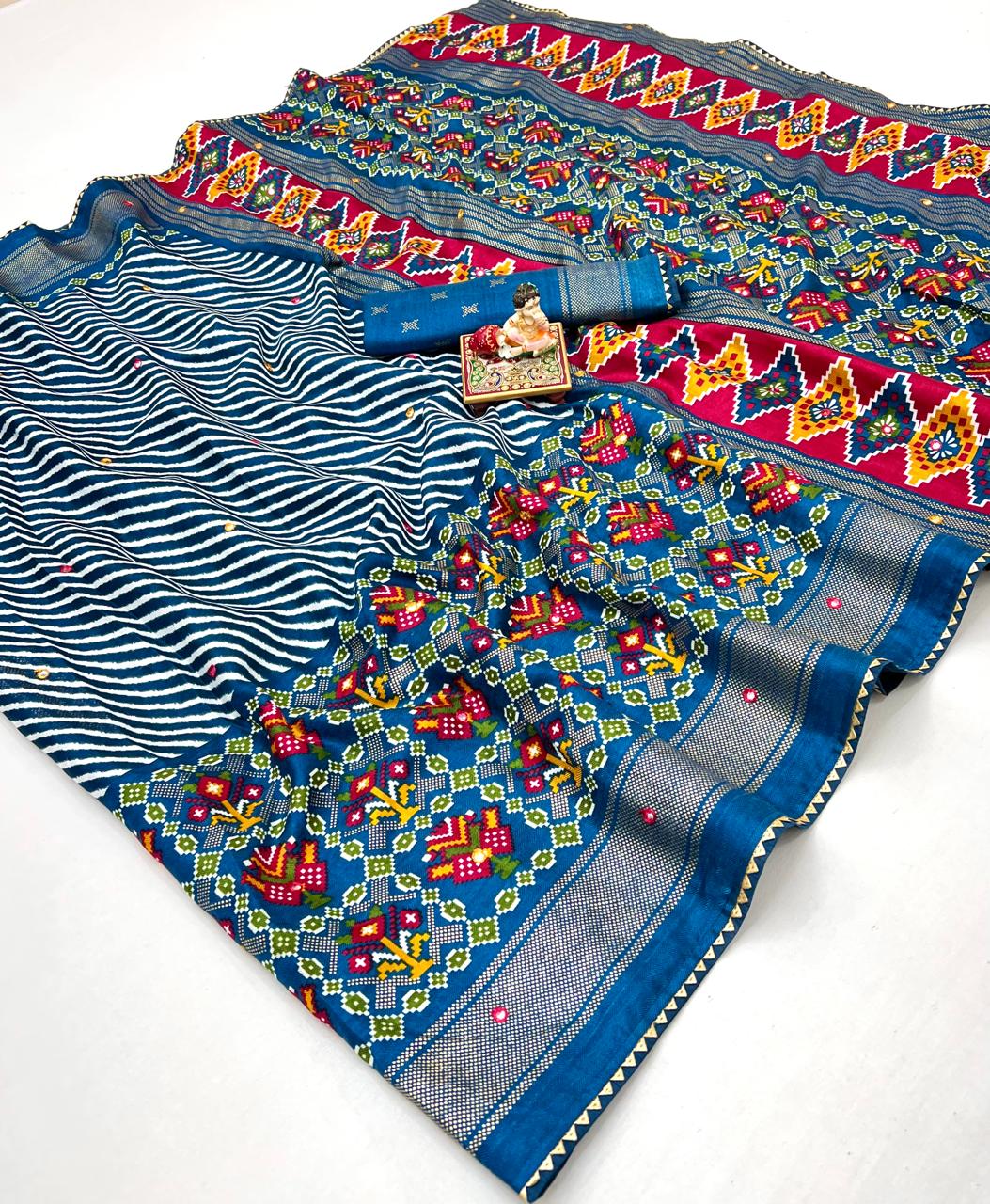 Royal Blue Patola Design Pashmina Silk Saree With Mirror for Women