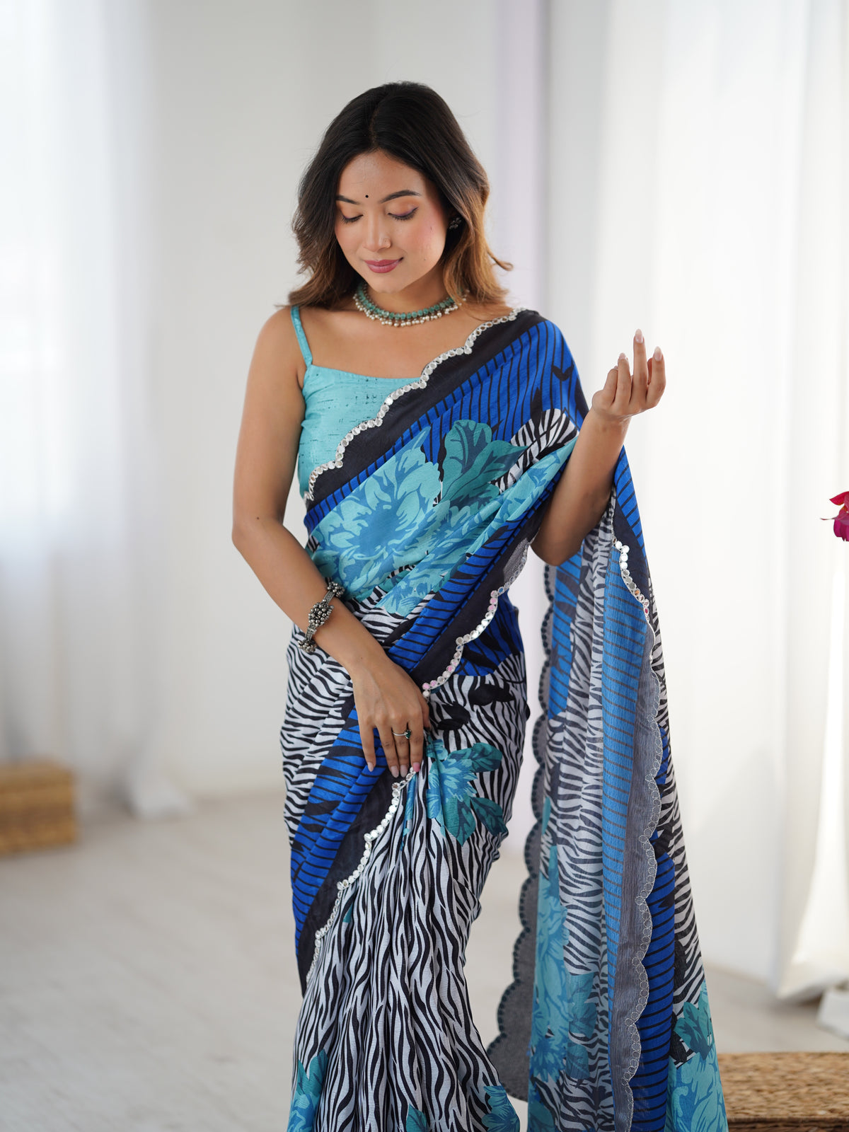 Blue Petal Elegance Chinnon Saree for Women