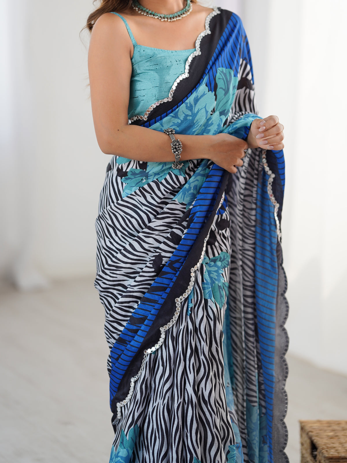 Blue Petal Elegance Chinnon Saree for Women