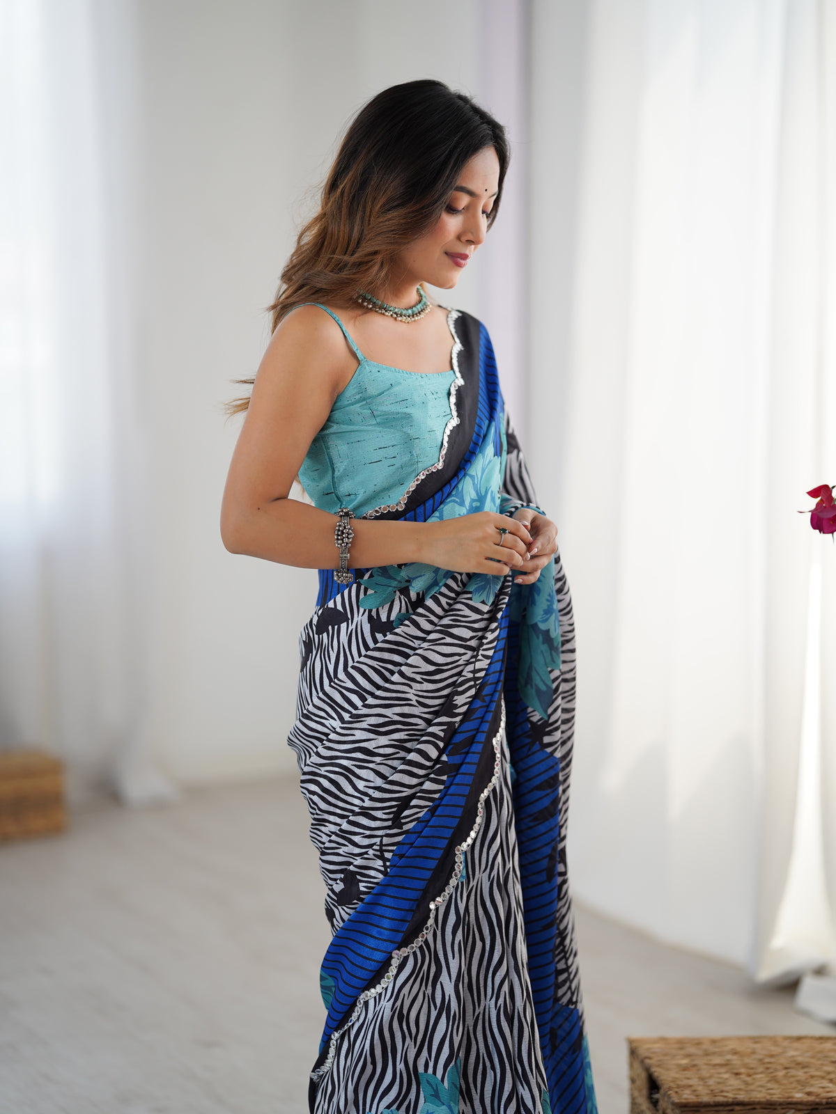 Blue Petal Elegance Chinnon Saree for Women