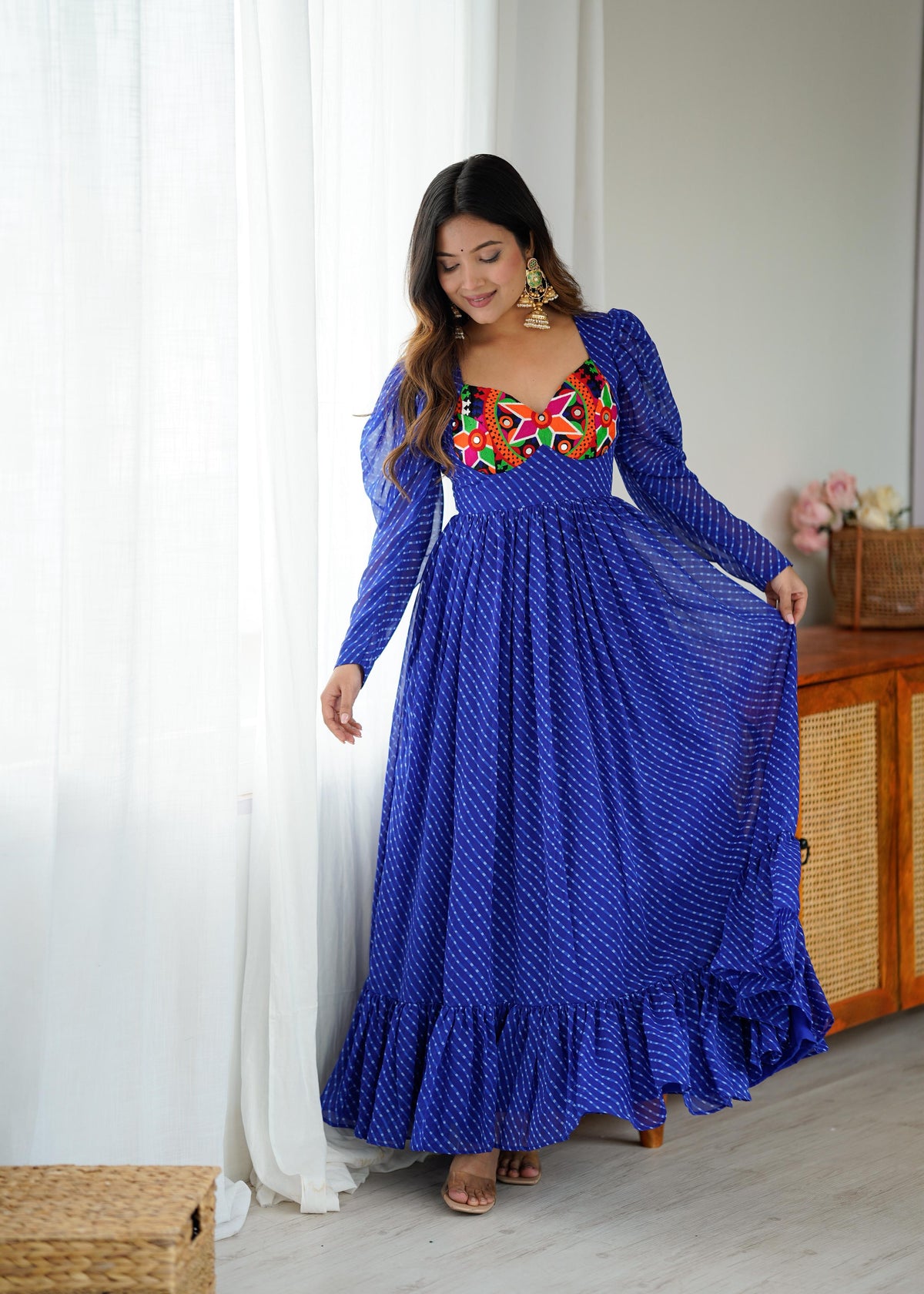 Blue Printed Georgette Designer Gown Festive for Women