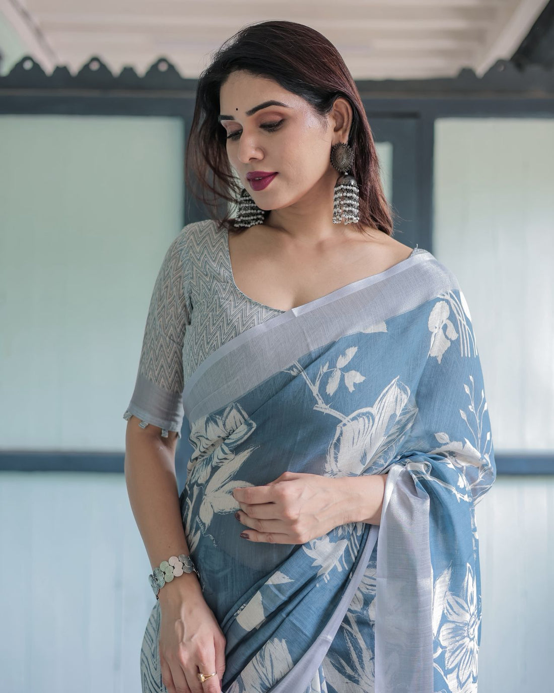 Dusty Blue Saree Printed Print for Women