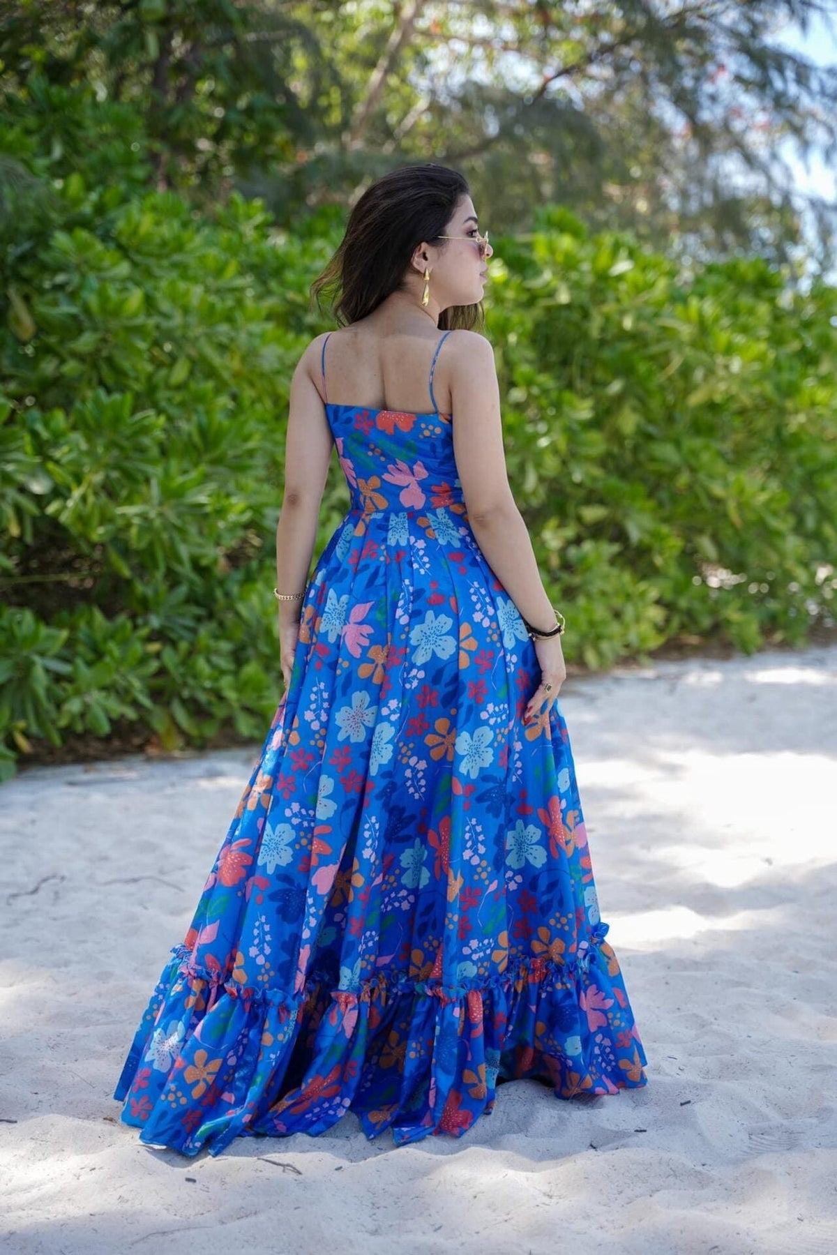 Blue Floral Printed Maxi Dress Beach Wear for Women