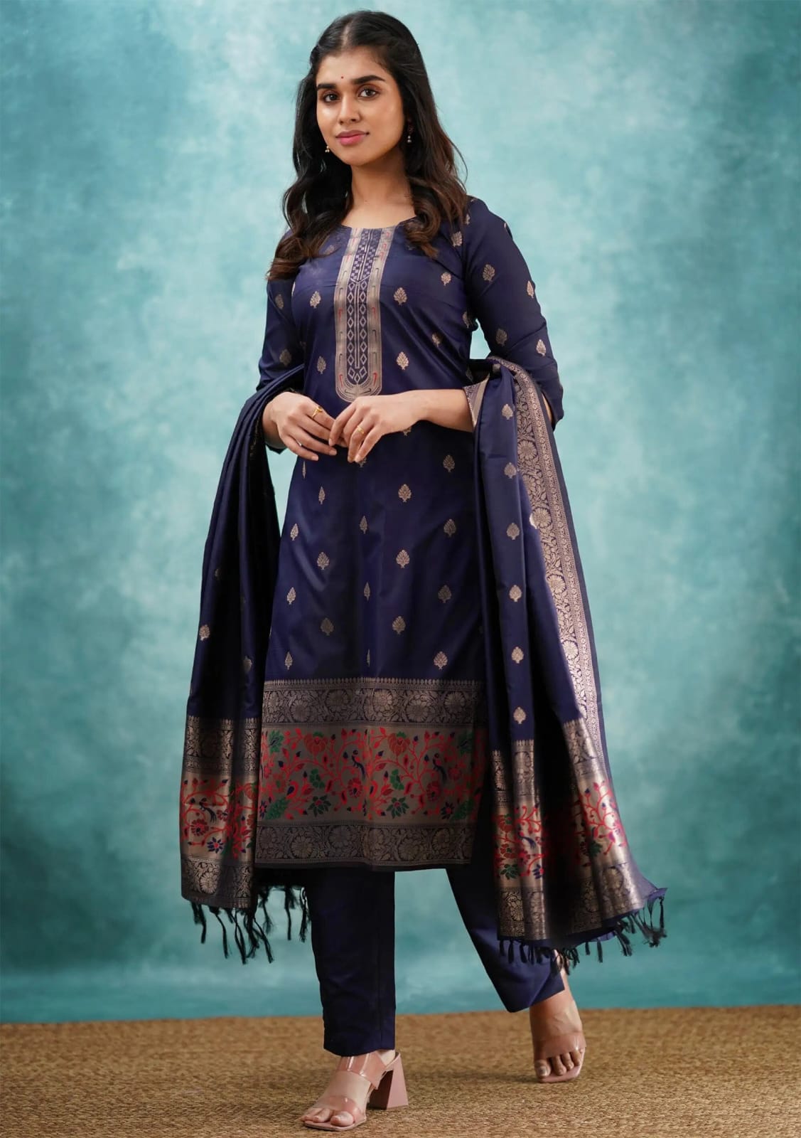 Navy Blue Traditional Kurta Pant Dupatta Ensemble for Women