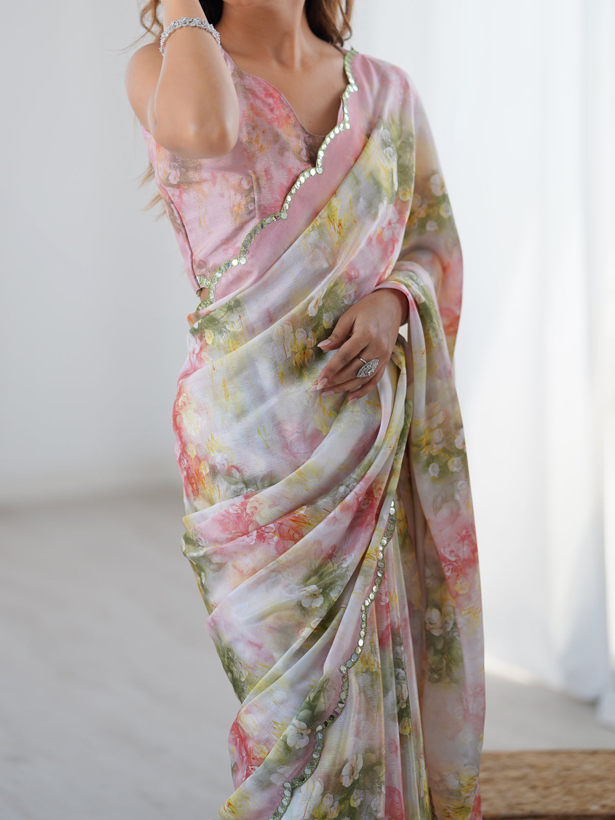 Blush Floral Heavy Chinon Saree with Blouse for Women