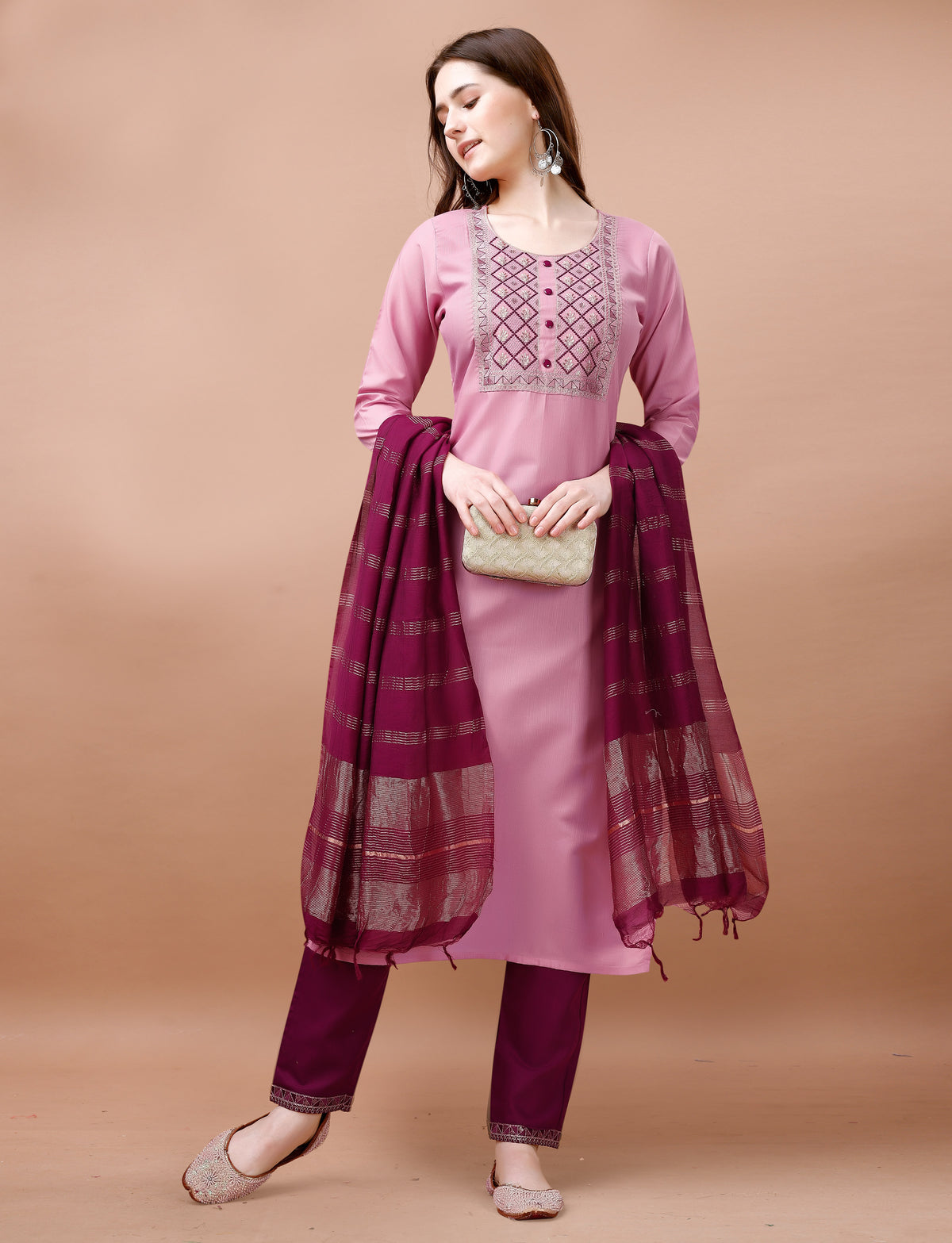 Blush Pink Embroidered Kurta Pant Dupatta Set Women for Women