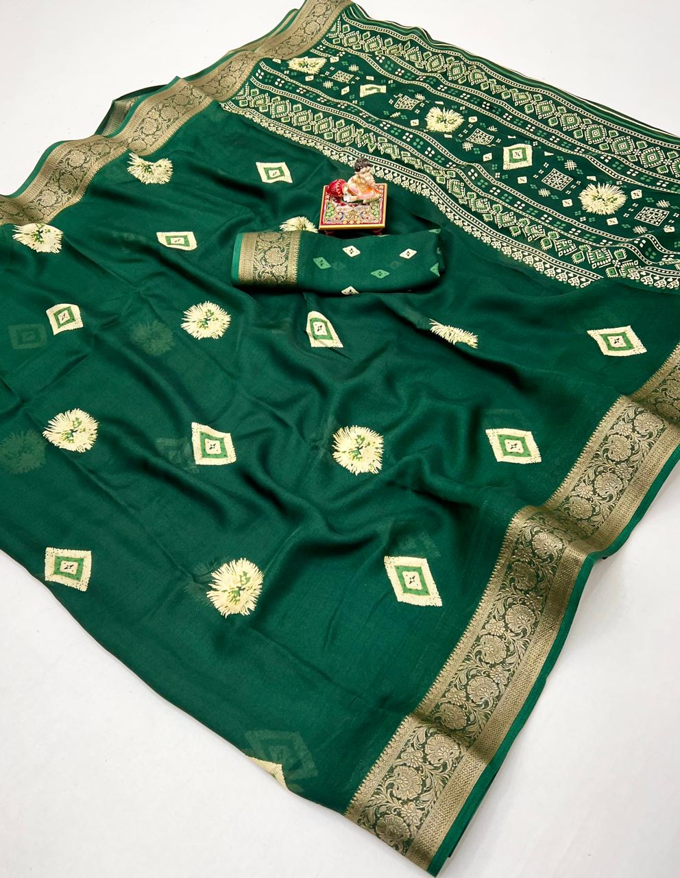 Bottle Green Moss Mellow Georgette Zari Saree for Women