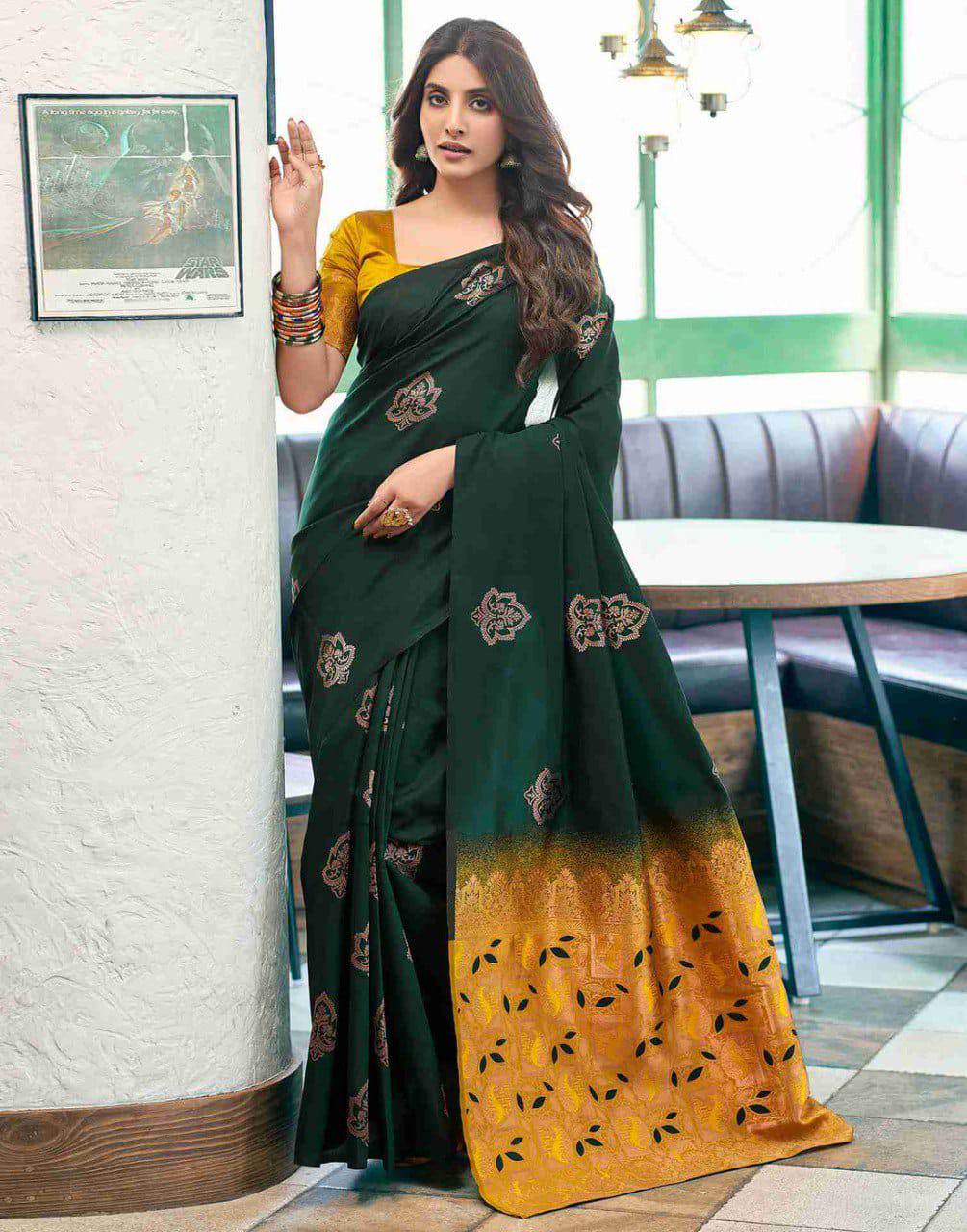 Bottle Green Lichi Silk Saree With Gold Jacquard Border for Women