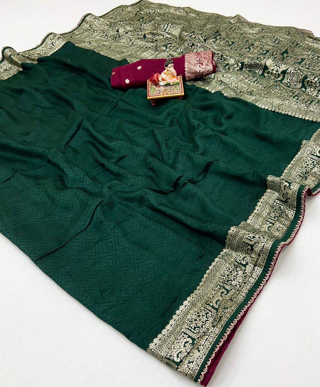 Bottle Green Maslin Silk Zari Woven Saree With Rich Pallu for Women