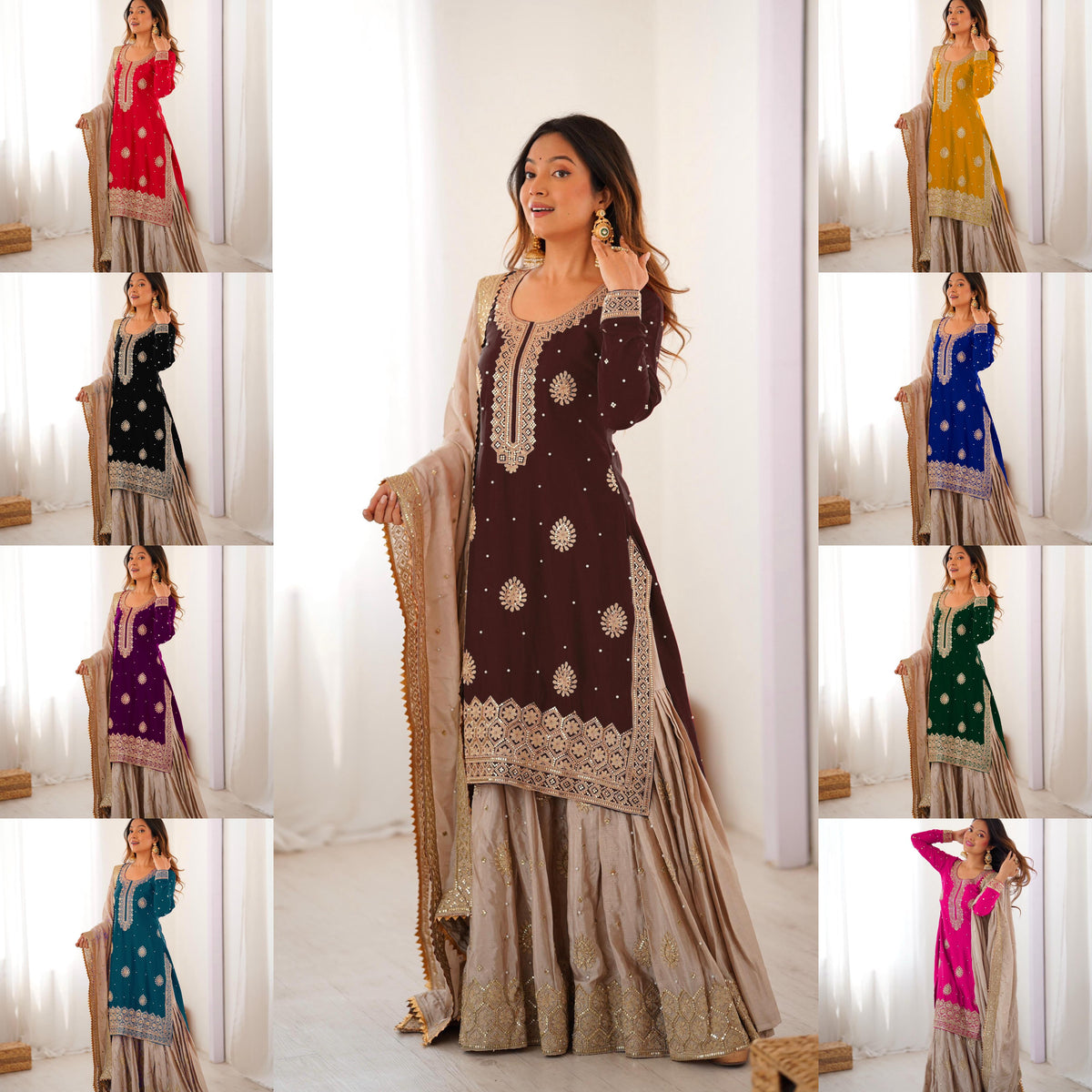 Brown Chinon Silk Sharara Suit Set for Women