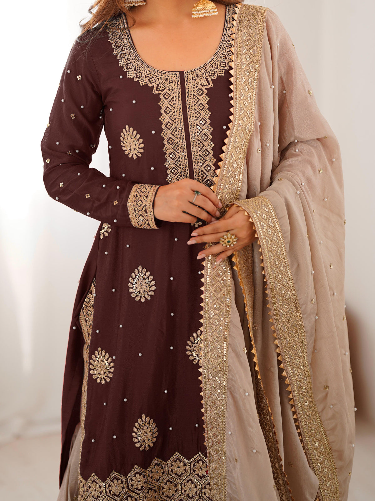 Brown Chinon Silk Sharara Suit Set for Women