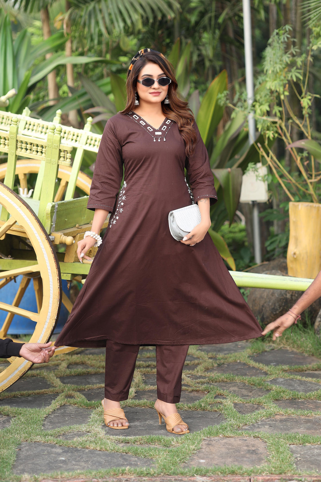 Brown Cotton A-Line Kurti Pant Set with Mirror Work for Women