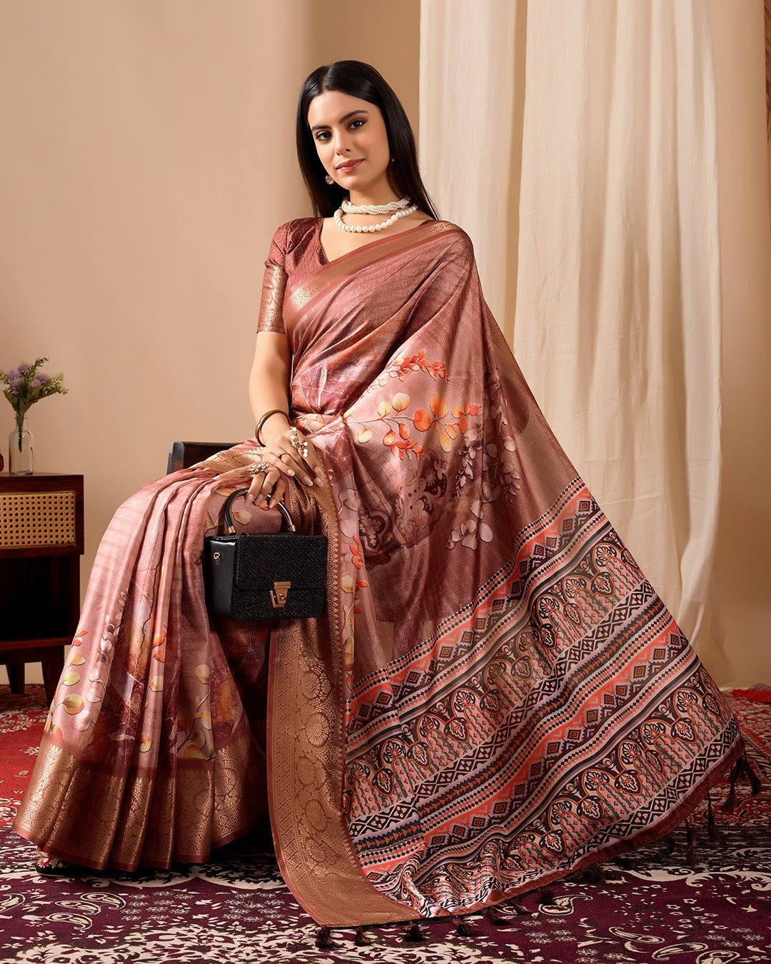 Brown Digital Printed Linen Cotton Patola Saree for Women