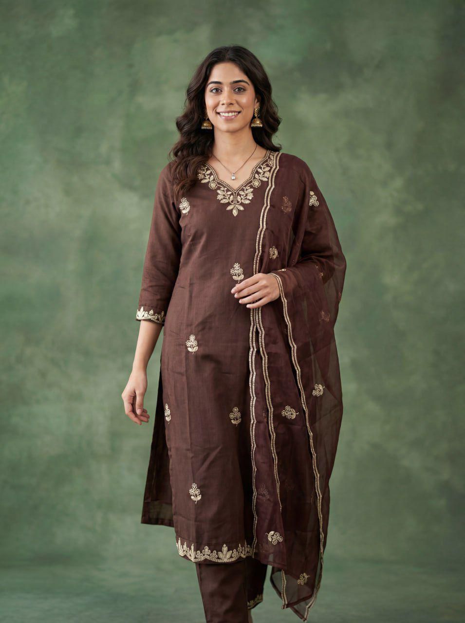 Brown Embroidered Cotton Kurta Pant Dupatta Set Women for Women