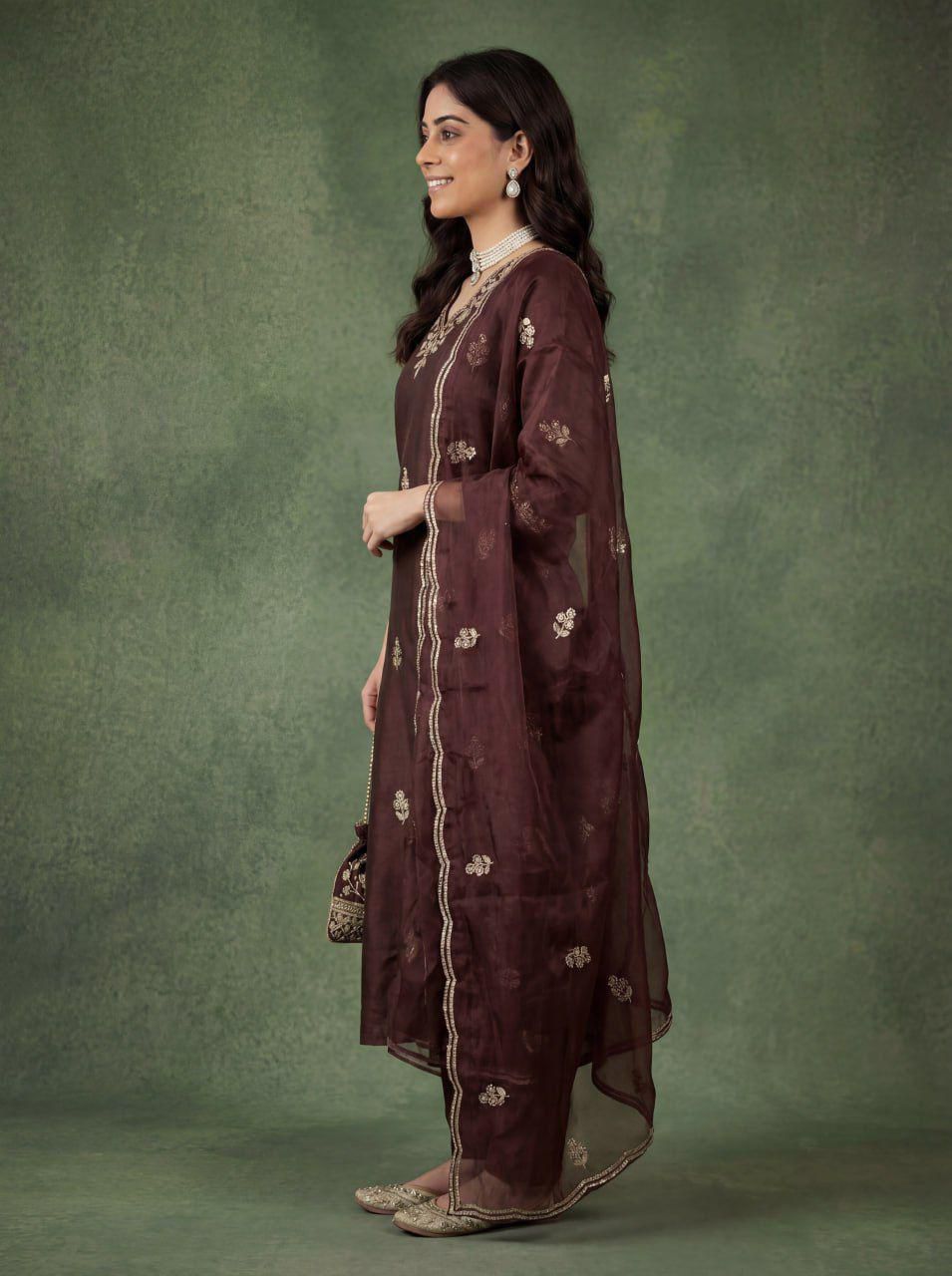 Brown Embroidered Cotton Kurta Pant Dupatta Set Women for Women