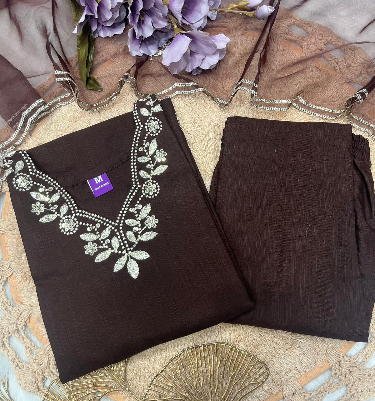 Brown Embroidered Cotton Kurta Pant Dupatta Set Women for Women