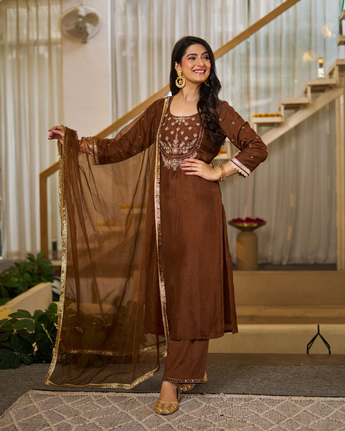 Brown Embroidered Vichitra Silk Kurti Set with Dupatta for Women