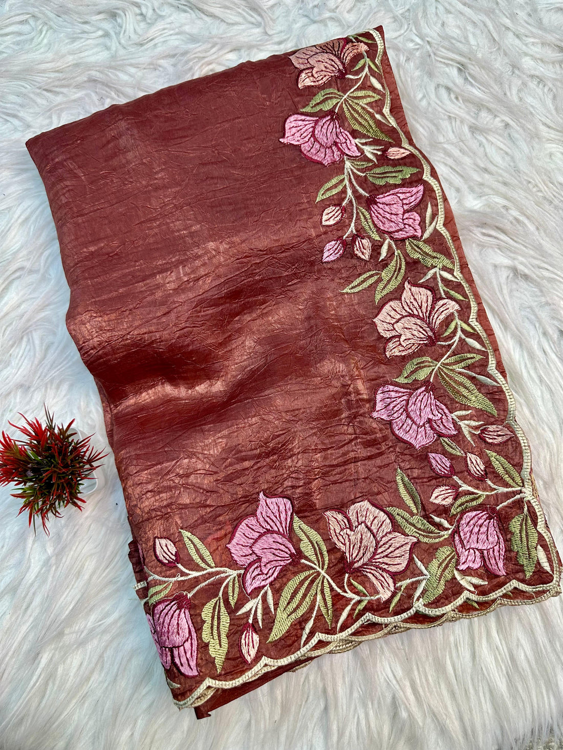 Rust Brown Gold Crush Saree with Floral Threadwork for Women