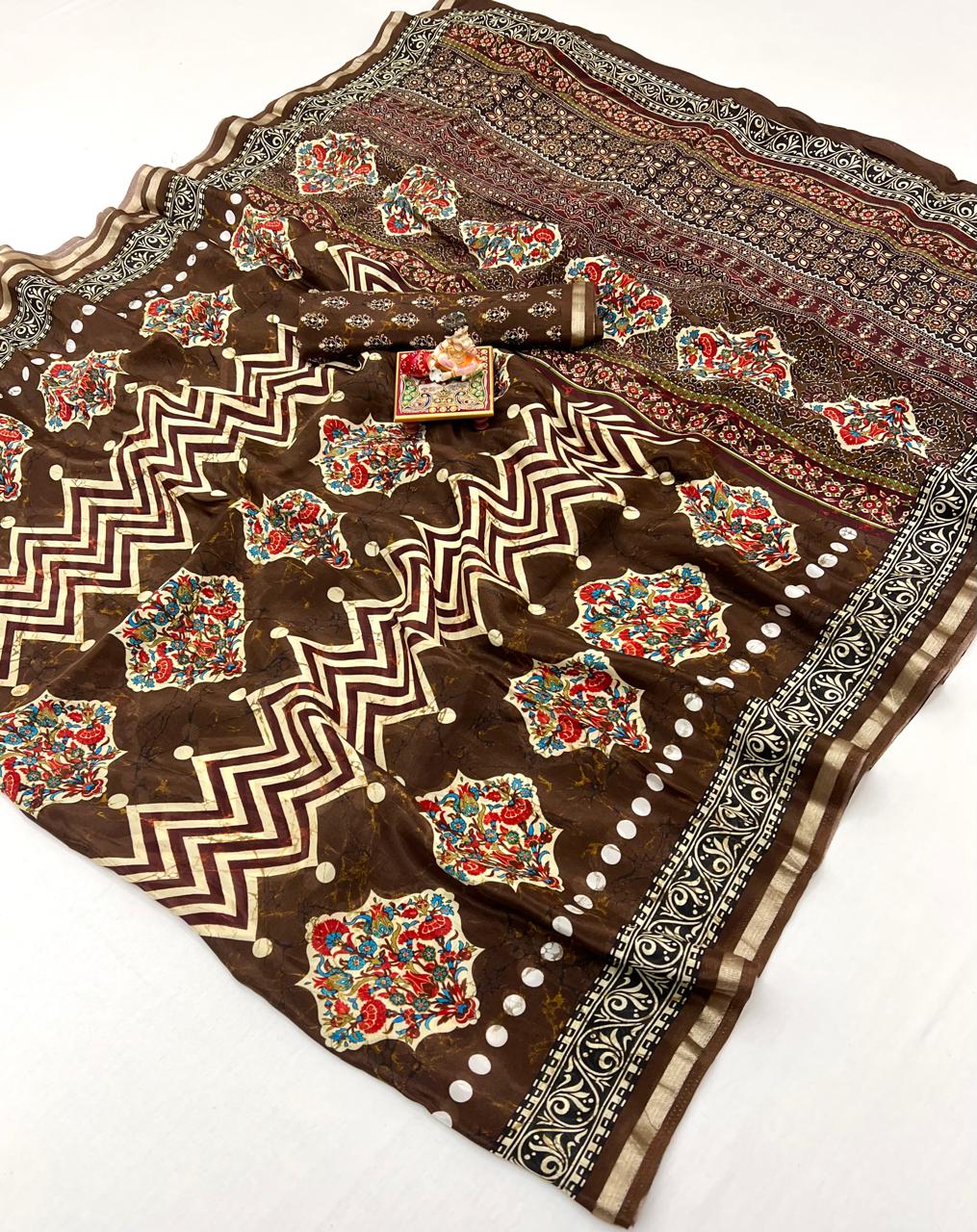 Brown Floral Digital Print Uppada Silk Saree With Blouse for Women