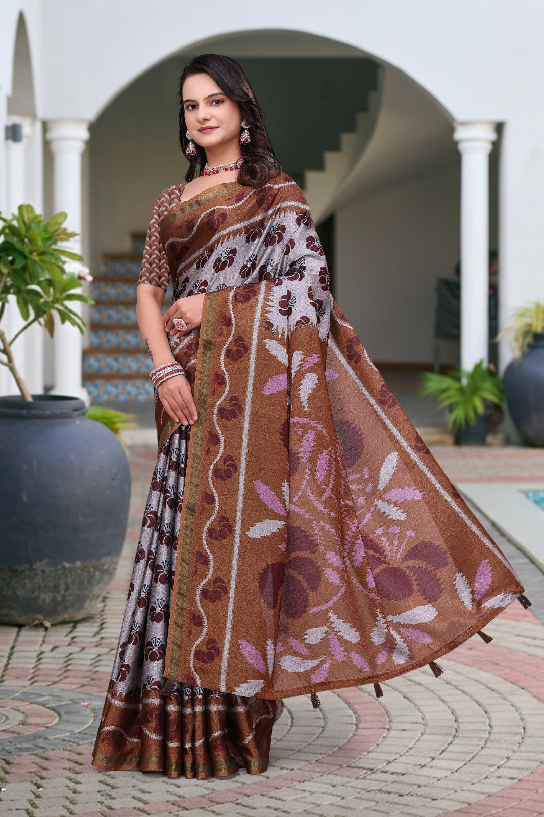 Brown Printed Mal Cotton Saree with Designer Pallu for Women