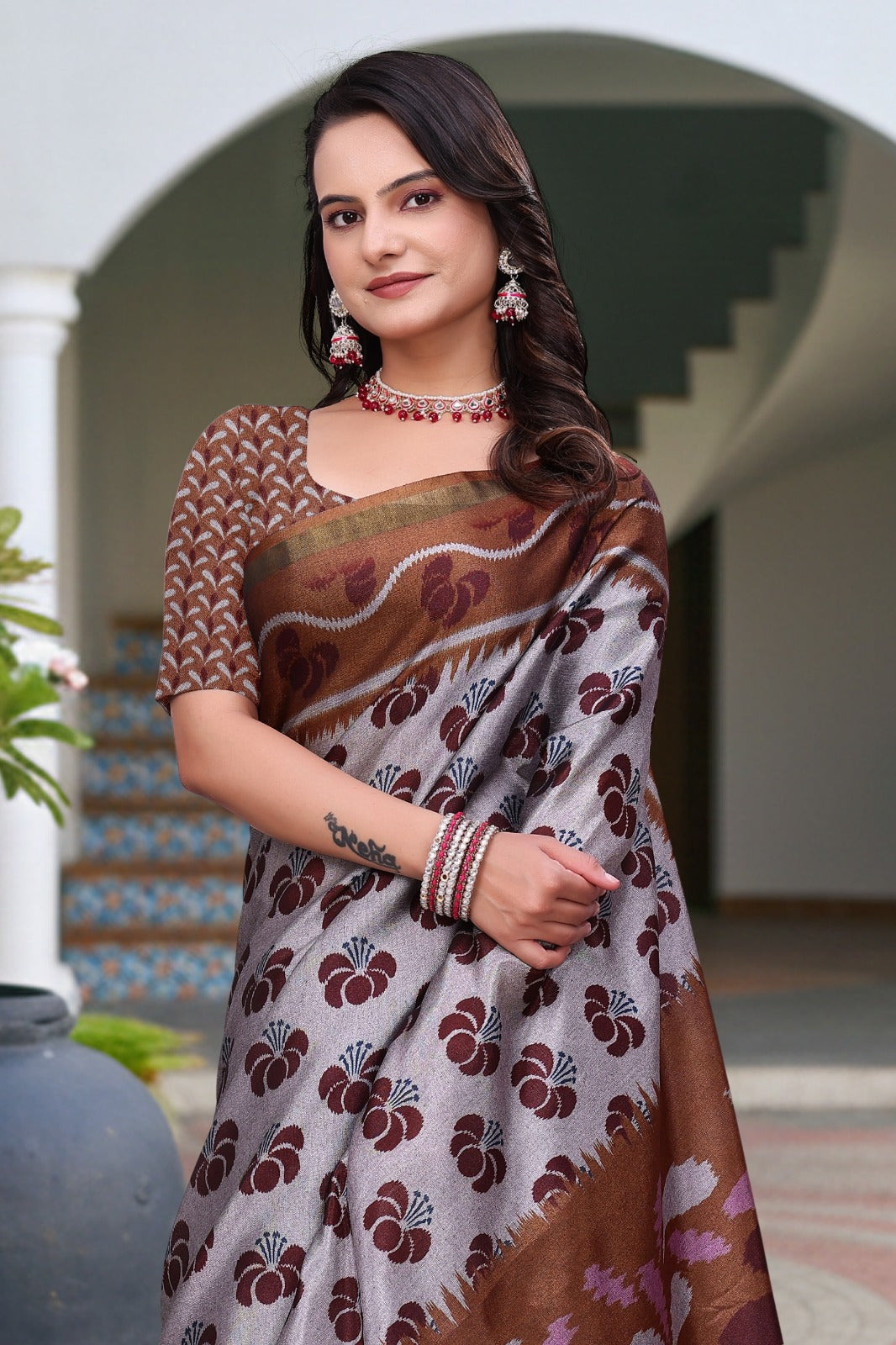 Brown Printed Mal Cotton Saree with Designer Pallu for Women