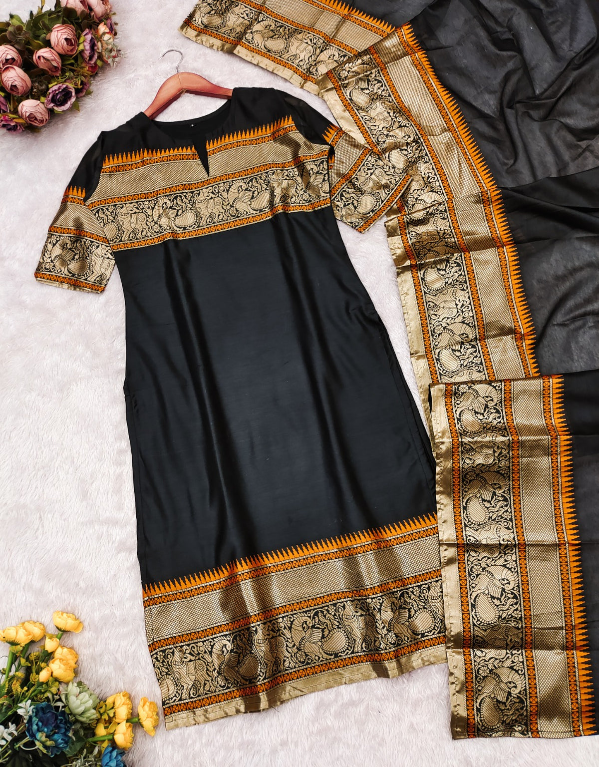 Black Jacquard Woven Kanchi Cotton Kurti Set for Women