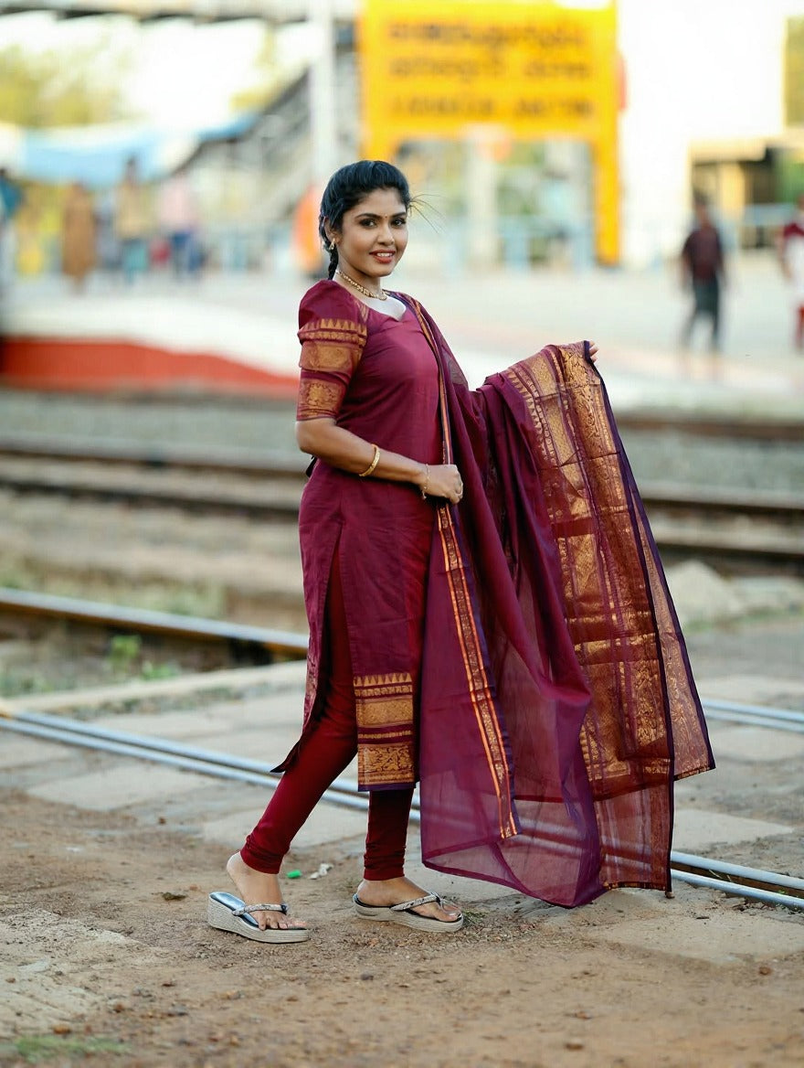 Blue Kanchi Cotton Jacquard Kurti Dupatta Set for Women