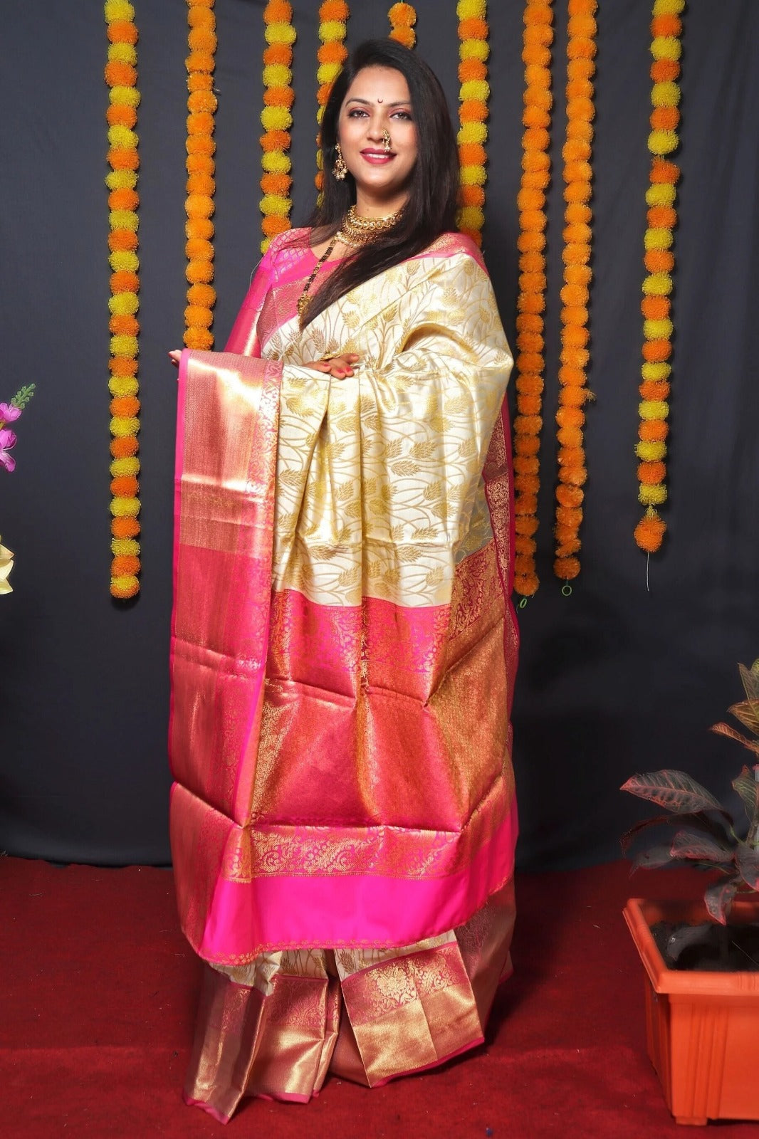 Cream Pink Banarasi Soft Silk Zari Weave Saree for Women