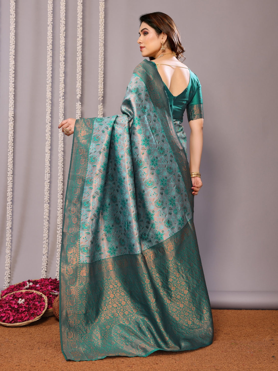 Teal Green Banarasi Soft Silk Jacquard Saree for Women