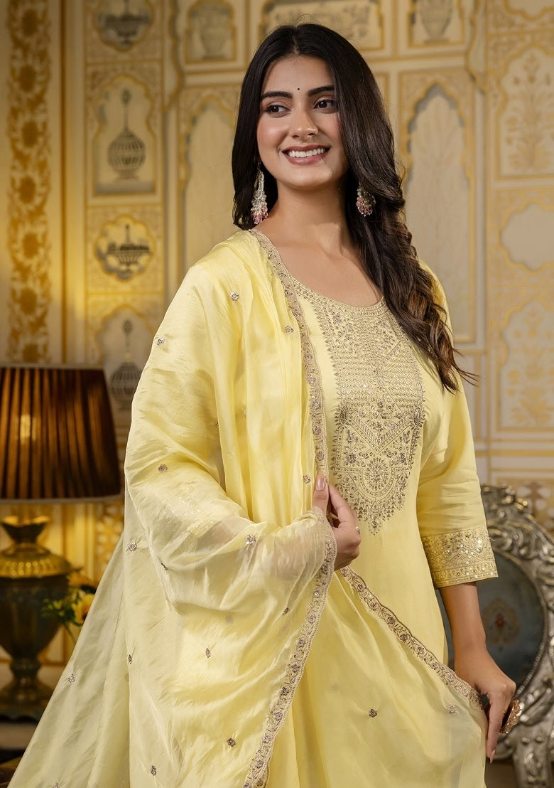 Yellow Embroidered Cotton Kurti Pant Set with Dupatta for Women