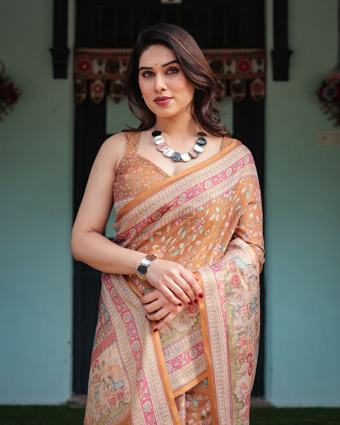 Caramel Brown Floral Handloom Saree with Printed Pallu for Women