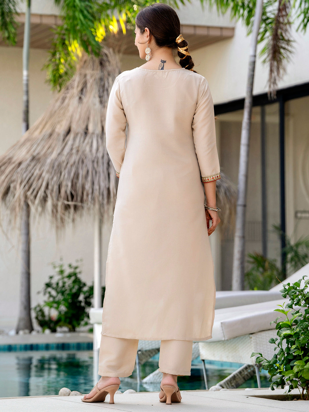 Chiku Embroidered Kurti Pant Dupatta Set for Women