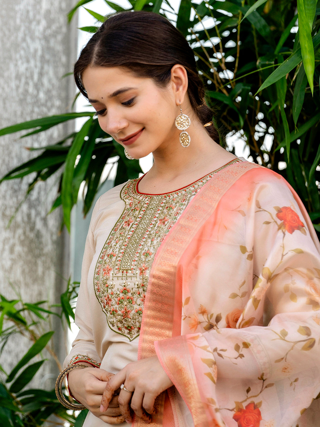 Chiku Embroidered Kurti Pant Dupatta Set for Women