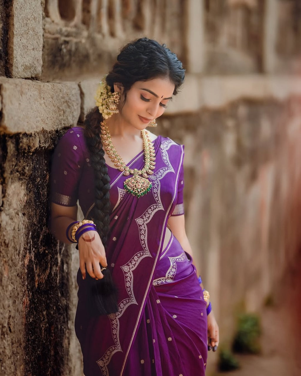 Classic Purple Banarasi Saree with Elegant Border Design for Women
