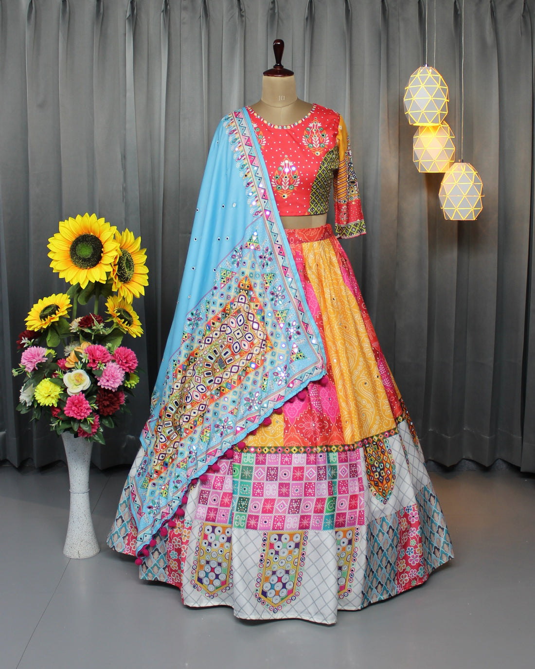 Colorful Patch Print Butter Silk Lehenga Choli Set for Women