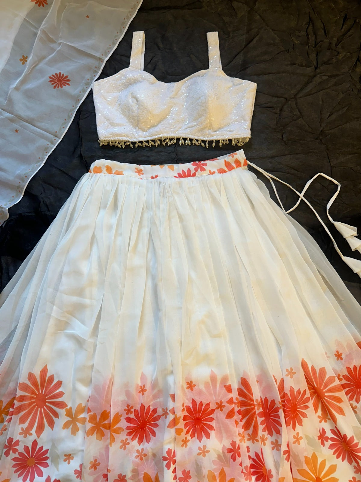 Coral Bloom White Georgette Lehenga Set for Women