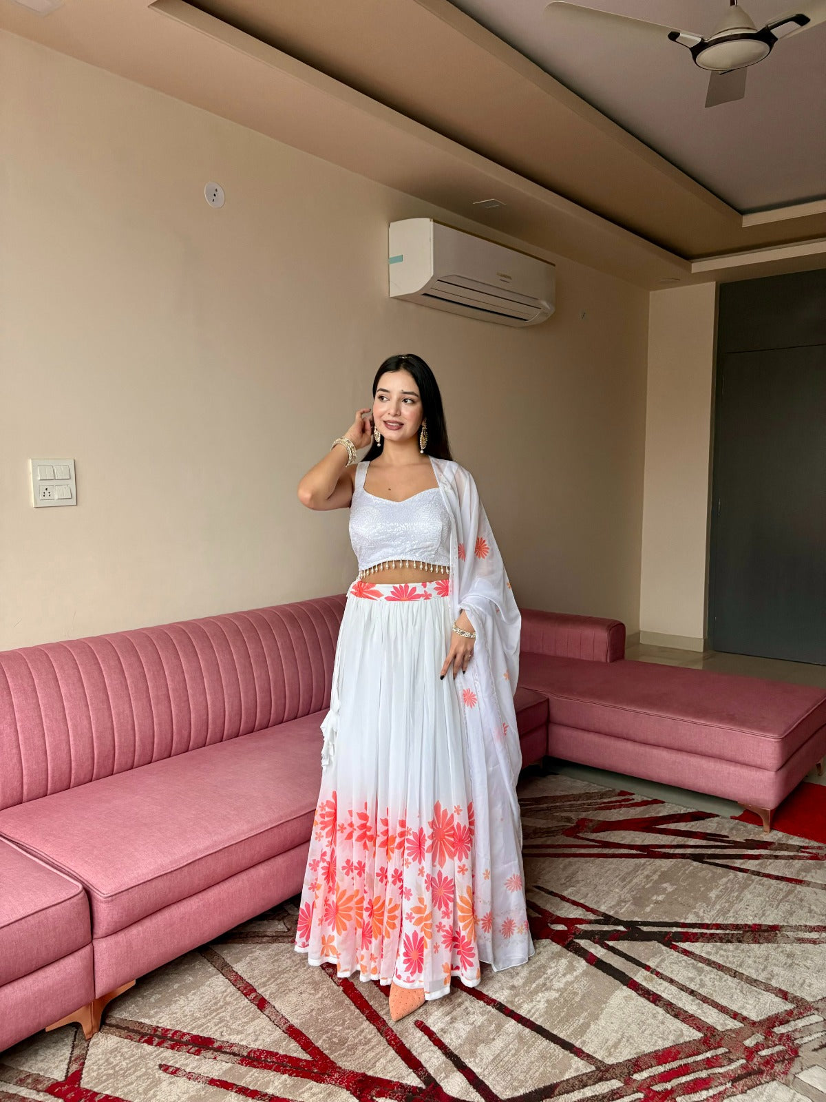 Coral Bloom White Georgette Lehenga Set for Women