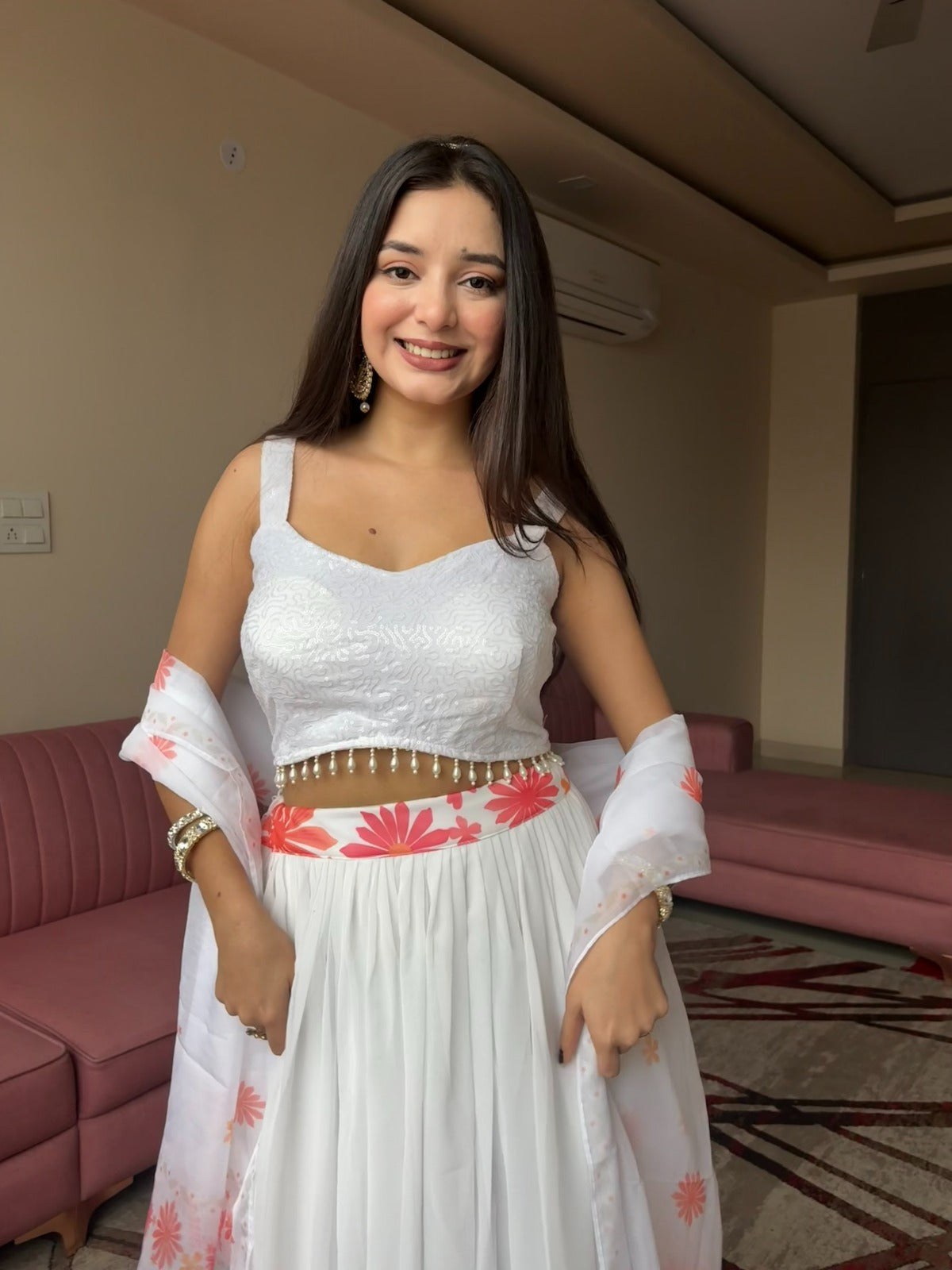 Coral Bloom White Georgette Lehenga Set for Women