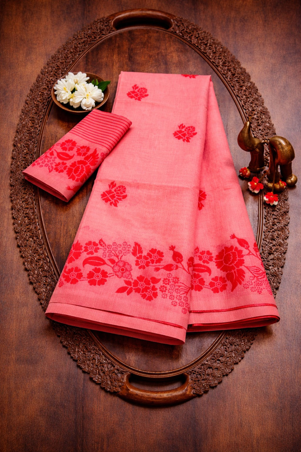 Coral Floral Linen Cotton Saree with Designer Border for Women
