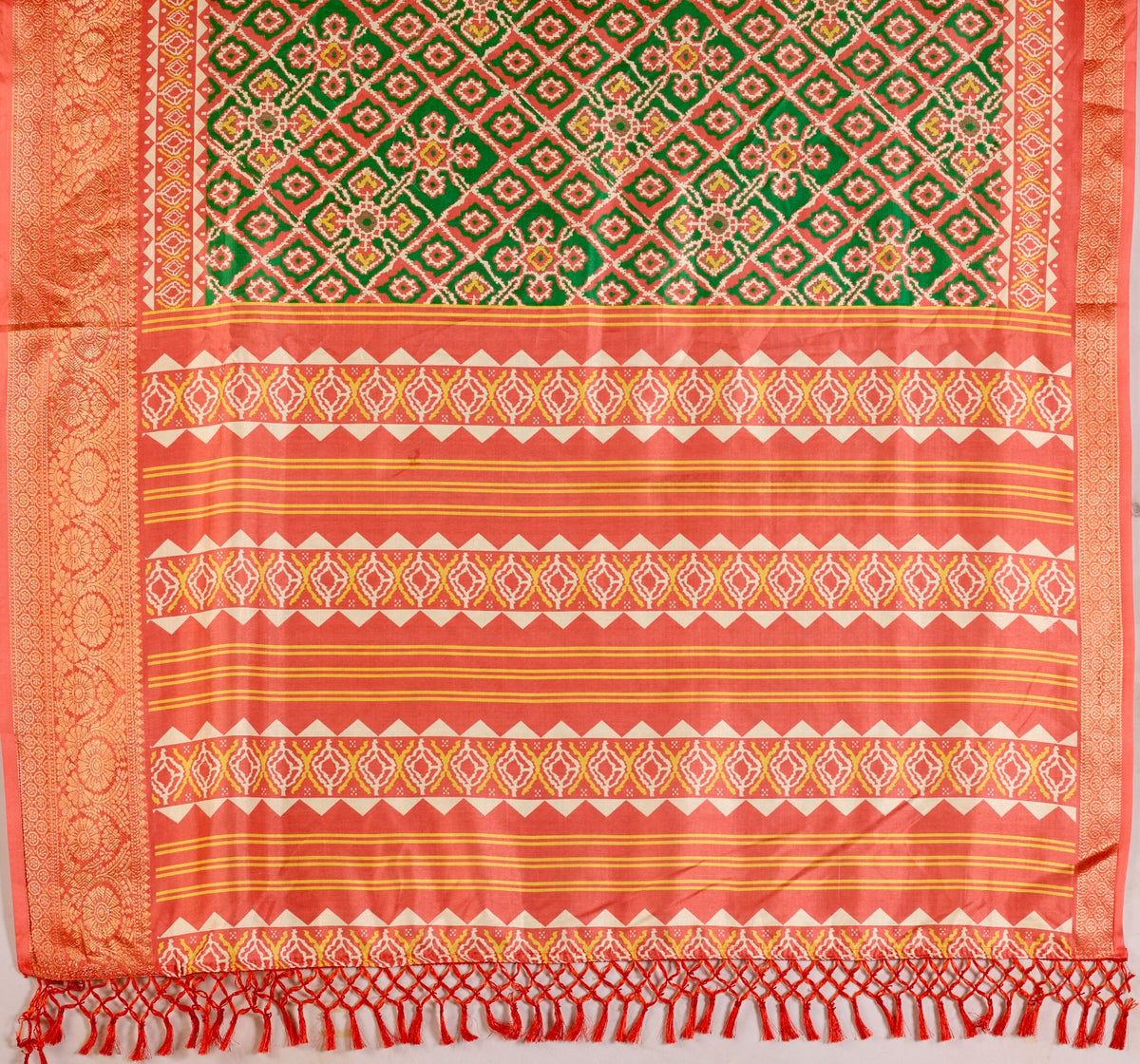 Coral Green Patola Silk Saree with Zari Border for Women