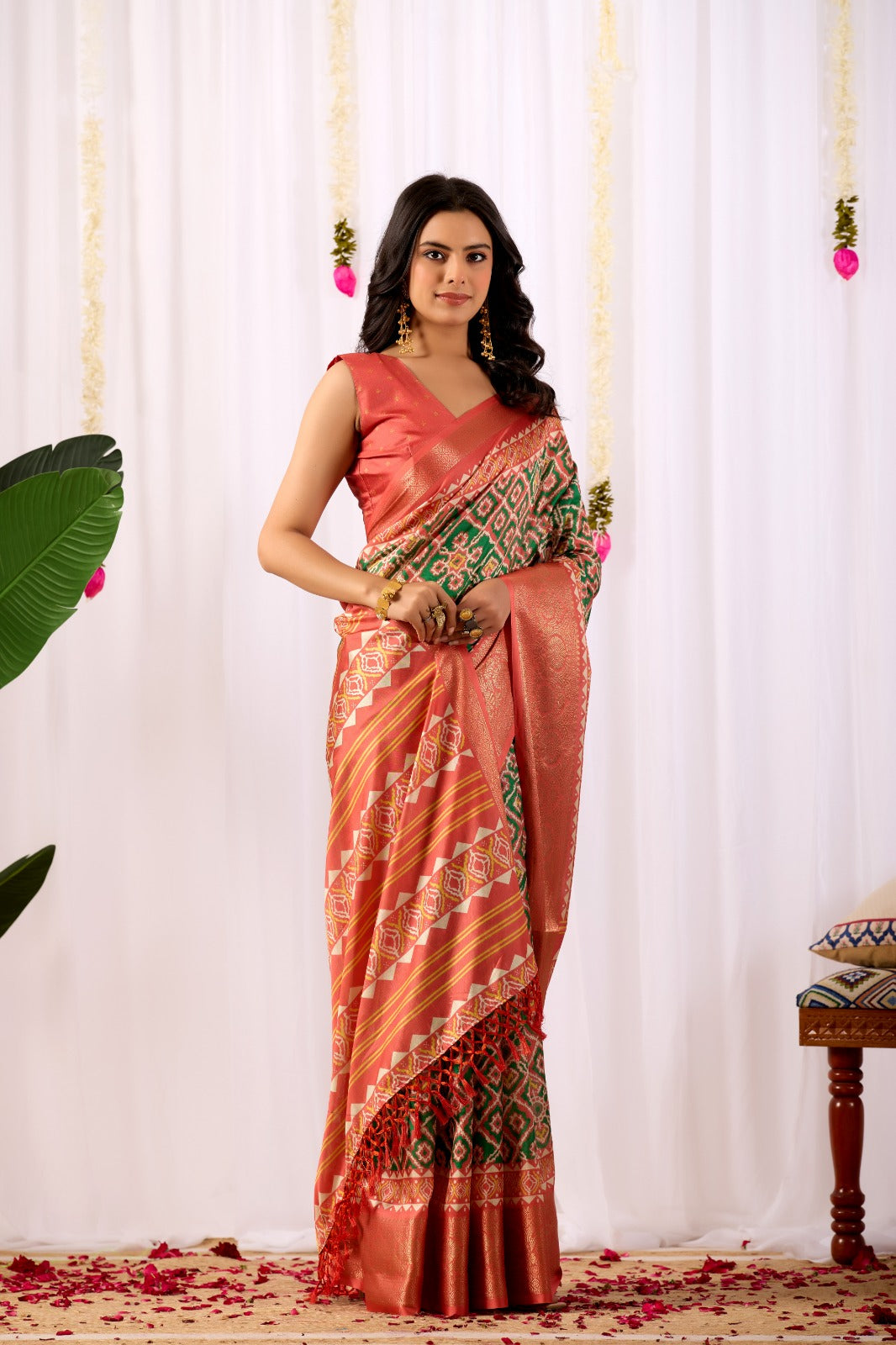 Coral Green Patola Silk Saree with Zari Border for Women