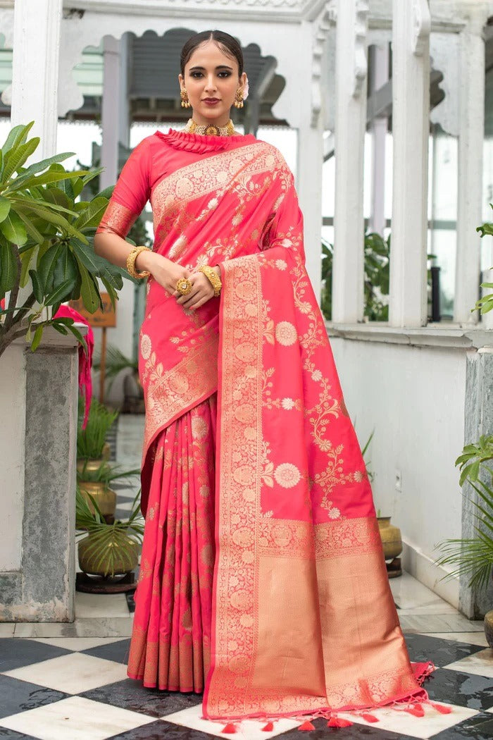 Coral Red Lichi Silk Saree with Rich Golden Zari Work for Women