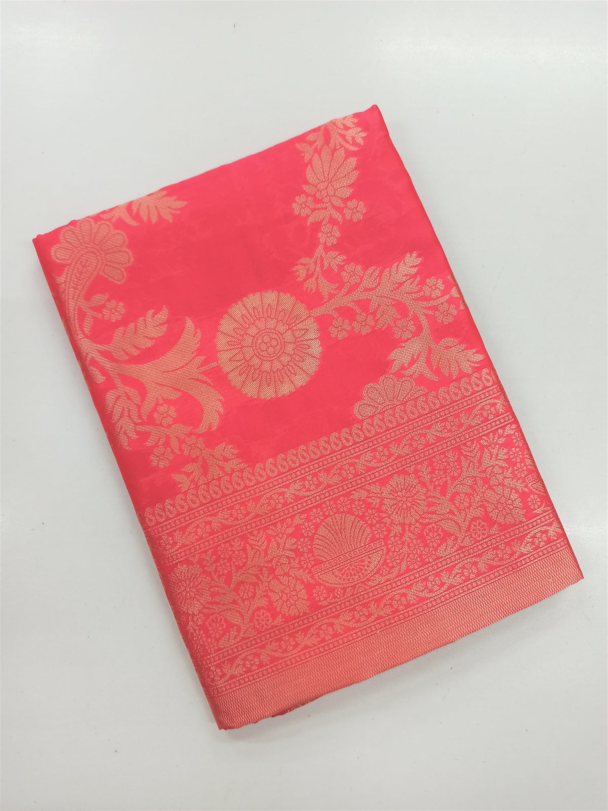 Coral Red Lichi Silk Saree with Rich Golden Zari Work for Women