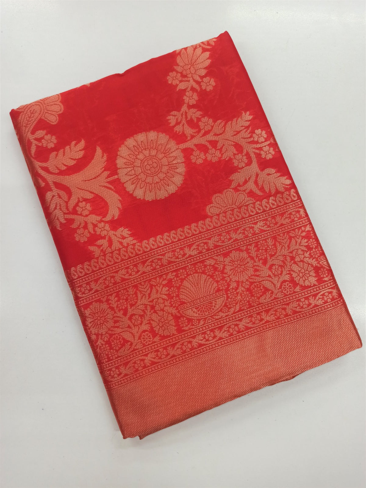 Coral Red Lichi Silk Saree with Rich Golden Zari Work for Women