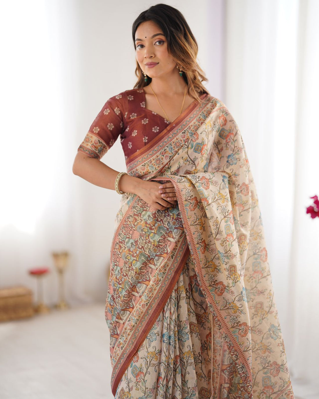Premium Beige Cotton Handloom Saree with Maroon Ethnic Border and
