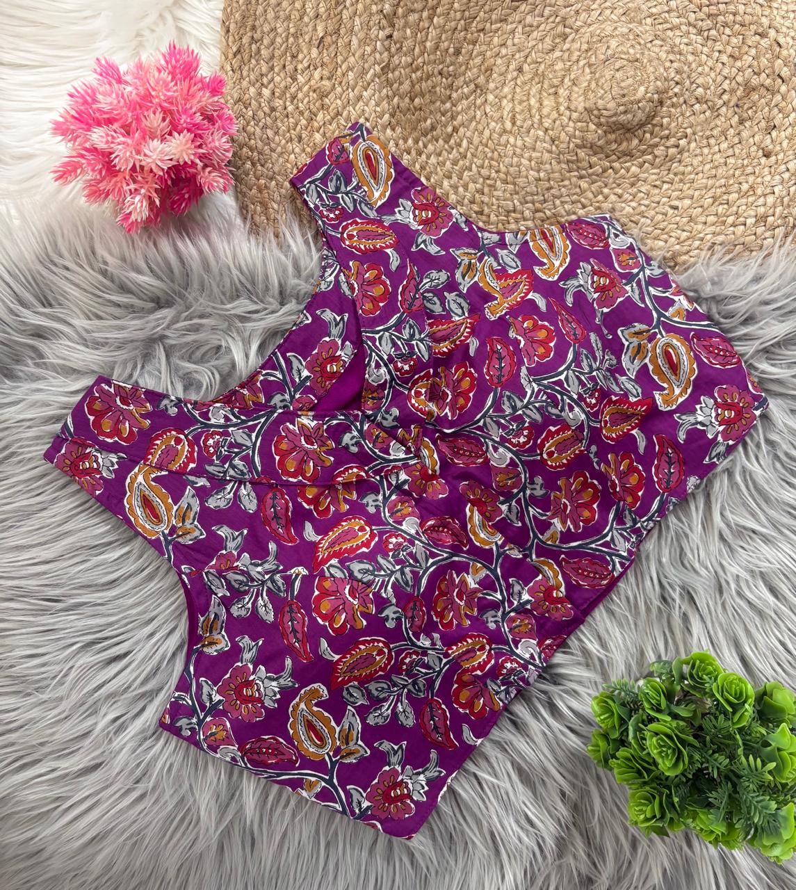 Kalamkari Cotton V Neck Collar Blouse